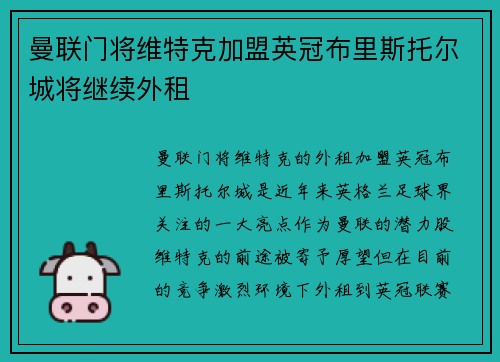 曼联门将维特克加盟英冠布里斯托尔城将继续外租