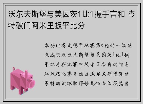沃尔夫斯堡与美因茨1比1握手言和 岑特破门阿米里扳平比分
